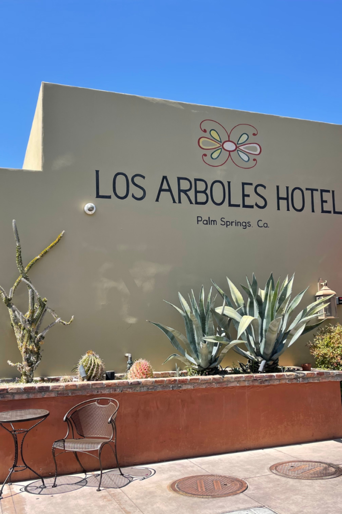 Outside sign of Los Arboles Hotel in Palm Springs, Ca.
